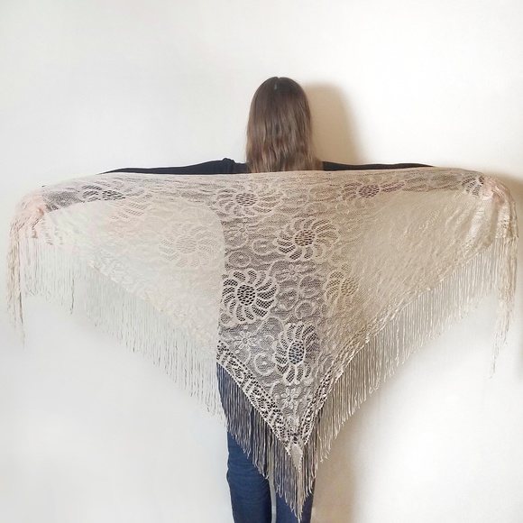 Vintage Accessories - Vintage Japan Rayon Fringe Lace Shawl Scarf Floral